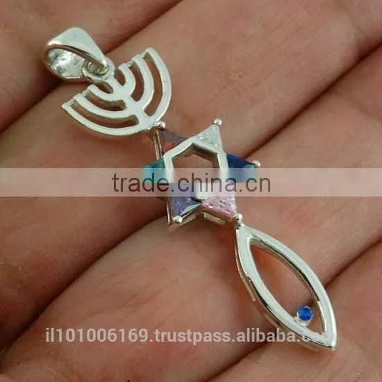 Messianic Seal of Jerusalem Sterling Silver Pendant, Set w Mix Color CZ, P428 photo-2