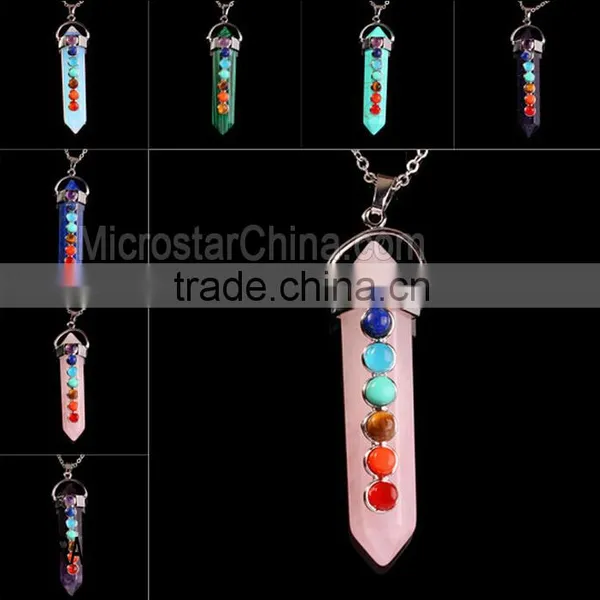 Natural Gemstones Hexagonal Pointed Colorful Pendant Charm Stones Beads Necklace photo-2