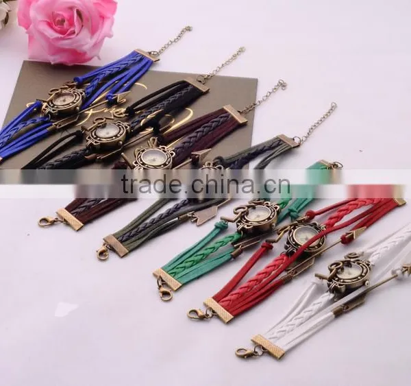 <<<2016 Vintage Excellent Clasps Woven Quartz Bangle Wrap For Unisex Love Gift Fashion Adjustable Leather Bracelets Watch / photo-3