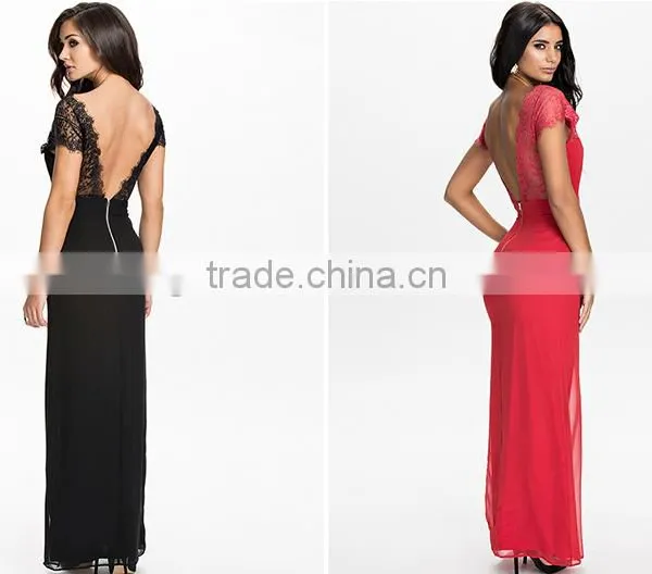 Plain Dye Slim Fit Elegant Red Backless Shortsleeve Lace Evening Dress photo-2