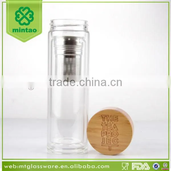 Promotion 400ml Custom Braned Double Wall Glass Drink Tea Water Bottles With Bamboo Lid photo-5