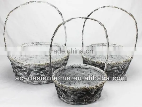 S/3 BLACK WASH ROUND BAMBOO CHIP BASKET W/HANDLE