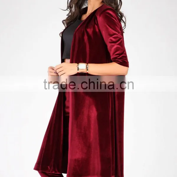 Cardigan Sweater Wholesale Luxurious Knee Length Fashion New Style Oversized Big Size Wine Velvet Open Cardigan photo-3