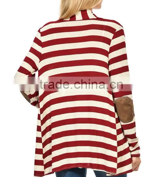 OEM Latest Designs Multi-color Women Fashion Stripe Elbow-Patch Open Front Cardigan Sweaters photo-4