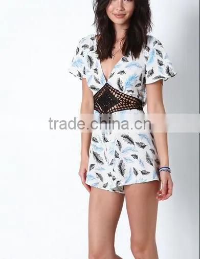 Short Sleeve Deep V-neck High Empire Embroidered Waist Feather Crochet Flutter Romper Short Jumpsuit photo-4