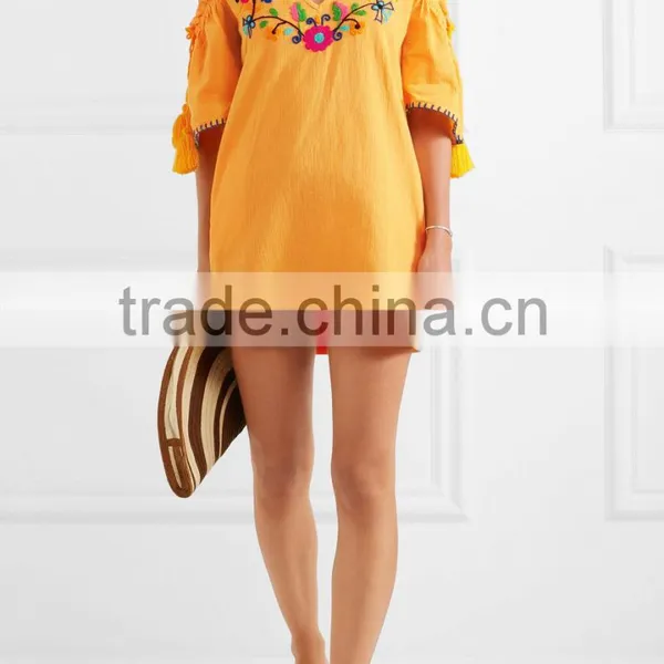Boho Cold-shoulder Flora Embroidered Crinkled Cotton Mini Dress Mexican Western Dresses Names HSd5199 photo-4