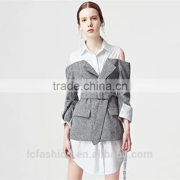 2017 New Design Cold Shoulder Long Sleeve Fake 2 Piece Shirt photo-3