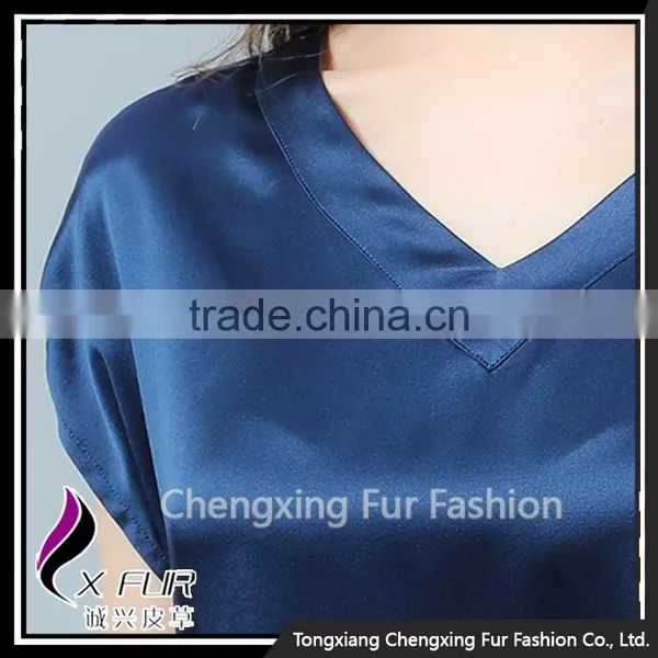CXVLYQO1 Luxury Women's Pure Silk Skirt Night SNavy Blue Short Sleeve V-neck Pajamas photo-5
