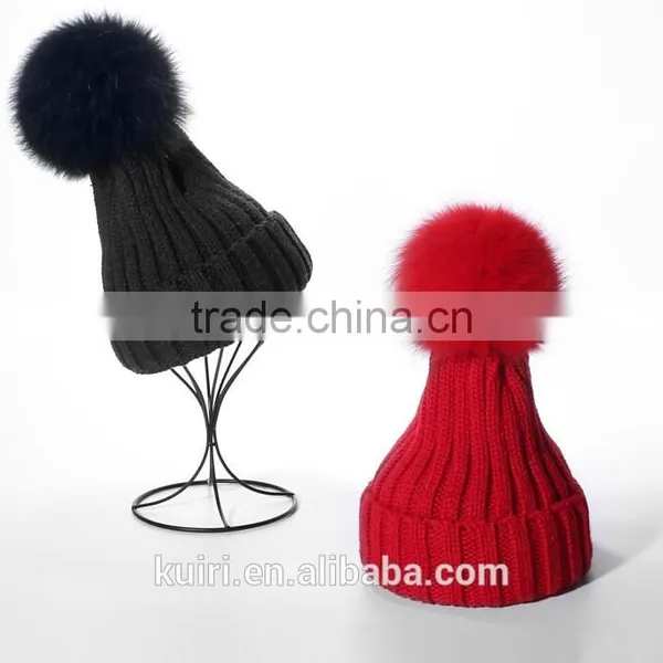 2016 Winter Beanie Real Silver Fox Fur Ball Knitting Hat For Women Black Real Raccoon Fur Ball Skullies photo-4