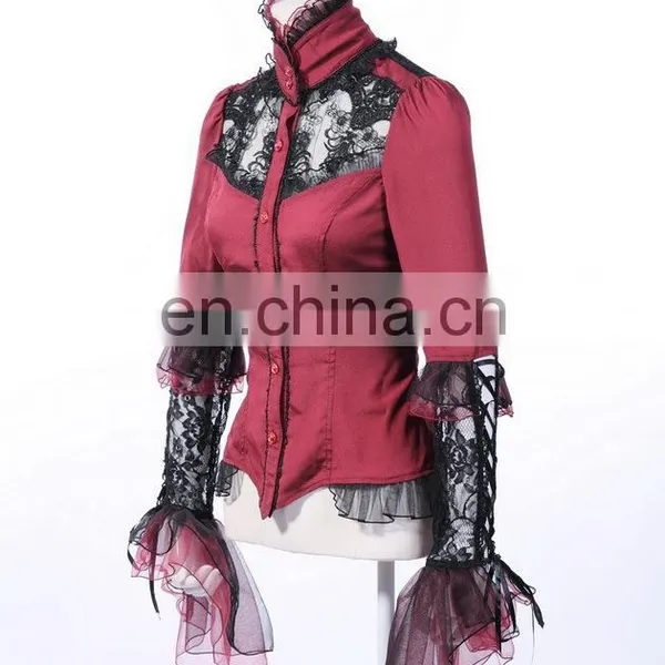 Gothic Dark Red Shirt With Ruffled Sleeves and Floral Lace Mesh photo-2