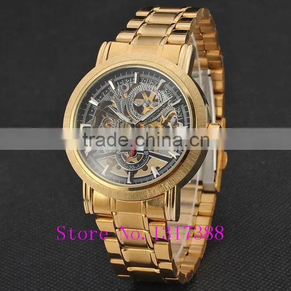 New Fashion Gold Skeleton Watch Men Luury Brand Self Wind Mechanical Wristwatches Male Stainless Steel Analog Clock W125 photo-2