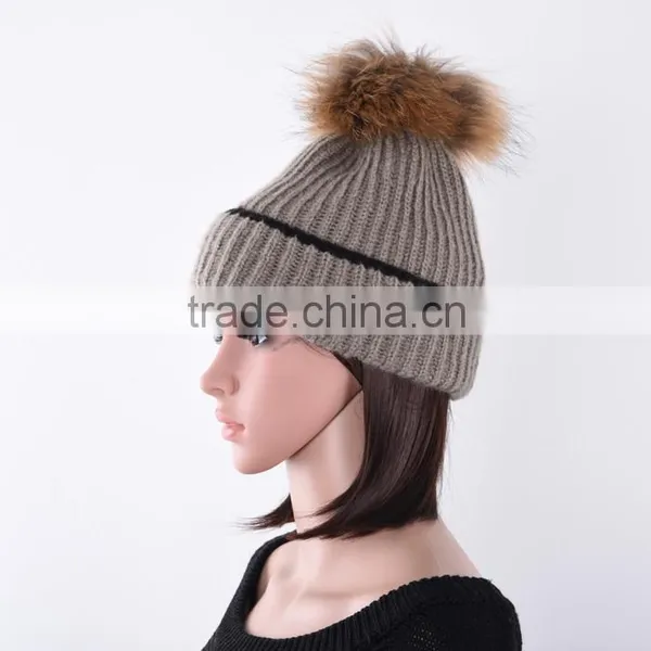 Women Winter Knitted Hat Raccoon With Pompoms Knit Beanie Hat KZ160049 photo-2