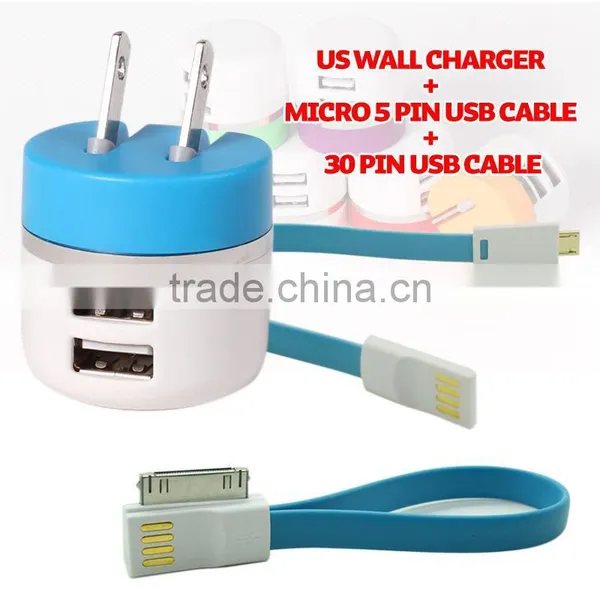 3 IN 1 Dual Usb Charger 2.1A Micro Usb Cable With Usb Cable For Samsung HTC Iphone photo-2