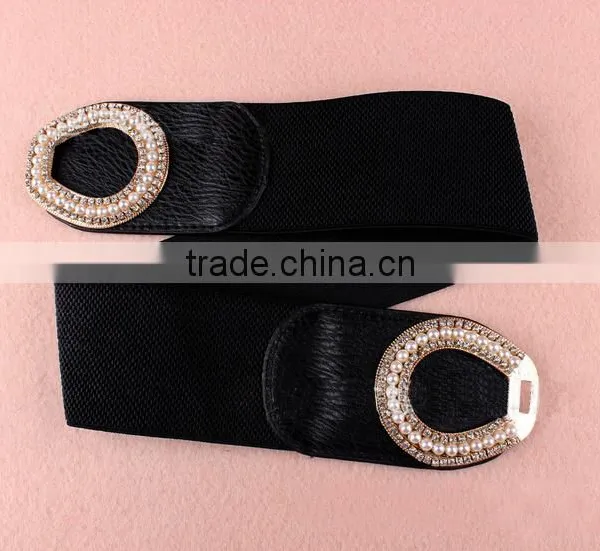 Wholesale Pearl and Rhinestone Inlaid Buckle Sex Women Lady Wide PU Waist Belt photo-2