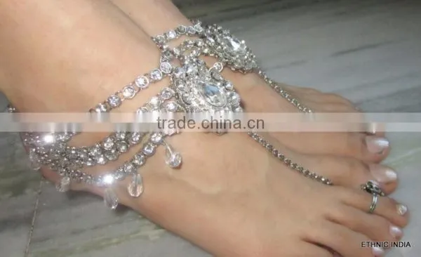 PAYAL Anklets Pair CRYSTAL SILVER TONE WITH TOE RING , BAREFOOT SANDAL photo-4