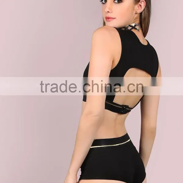 Metallic Trim Back Cut Hole Crop Tank & Body Shorts Set Black 100 Cotton Scoop Neck Sportswear Crop Tops With Pants Custom photo-3