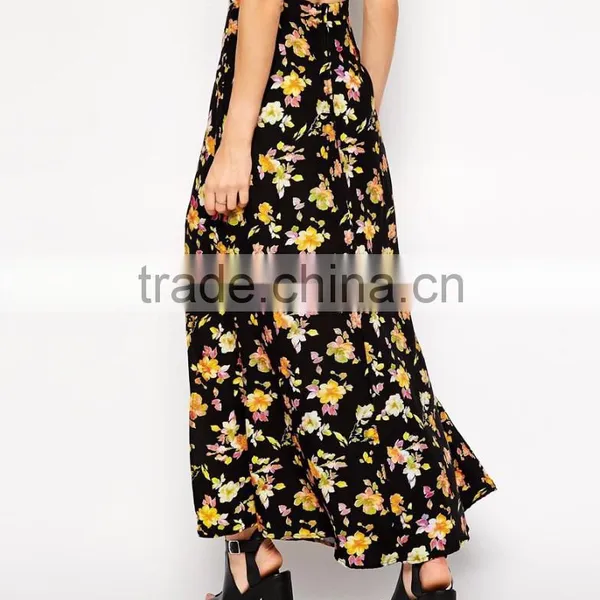 100% Viscose Fashion High Split All Over Floral Print Long Skirt photo-3