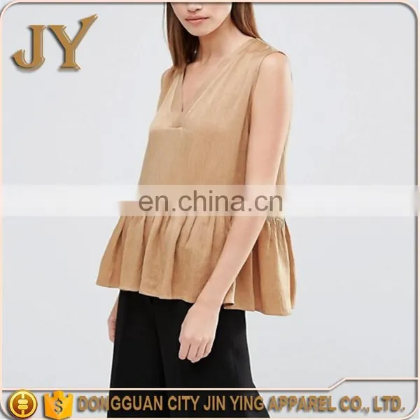 V Neck Yellow Girl Sleeveless Pleated Clothes Women t Shirt Wholesale China Woman Blouse