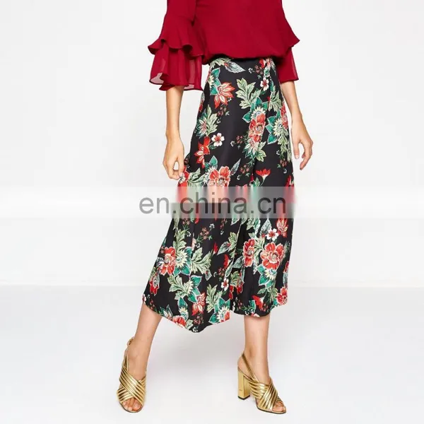 Digital Printed Elastic Waist Wide Leg Floral Print Trousers Pants