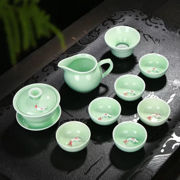 Green Porcelain Carp Tea Set. photo-2