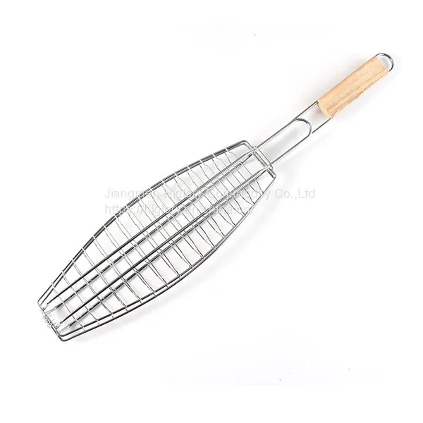 BBQ Fish Grill Basket Chrome Plated BBQ Barbecue Grill Accessories Mesh Wire Fish Basket With Wood Handle photo-2
