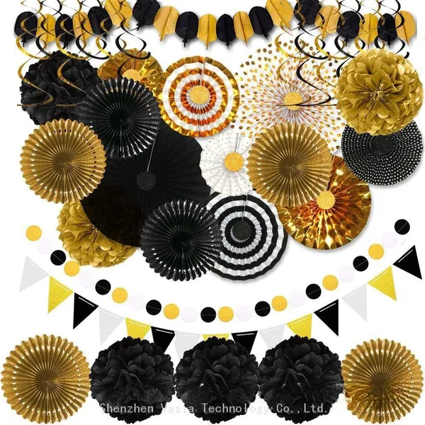 20pcs Birthday Party Handmade Paper Flower Reusable Set With Hanging Paper Fan Decoration photo-3
