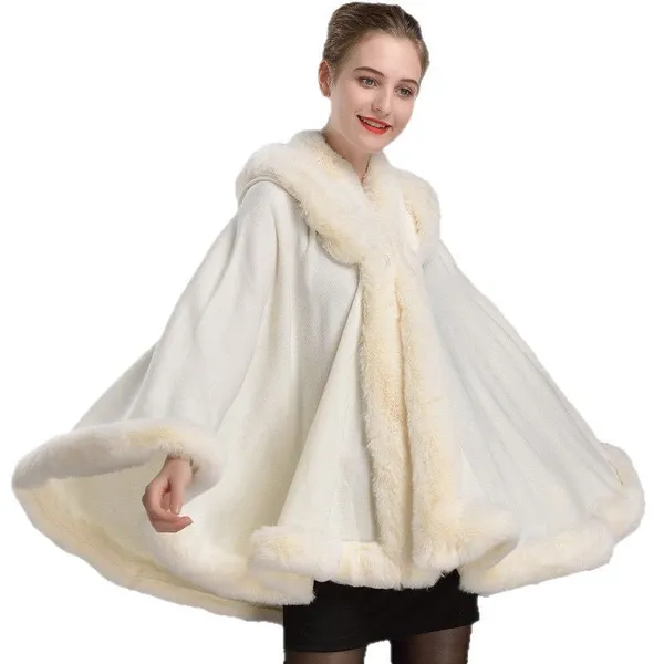 European and American Autumn and Winter New Imitation Otter Rabbit Fur Collar Hooded Shawl Cloak Loose Jacket for Women photo-4