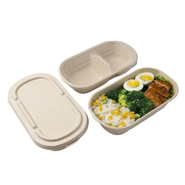 1000ml 2-Compartment Molded Fiber Meal Tray, Sugarcane Pulp, PET Lid, Home Compostable