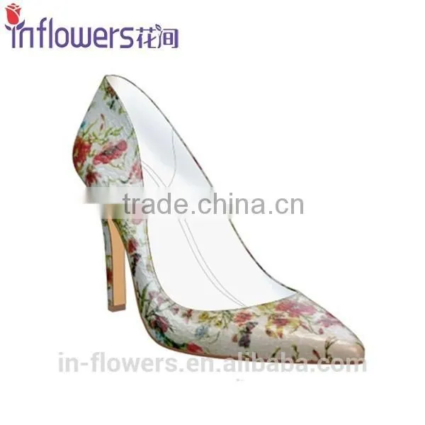 Flower Printed Leather Pointed Toe Ladies Sexy High Heels
