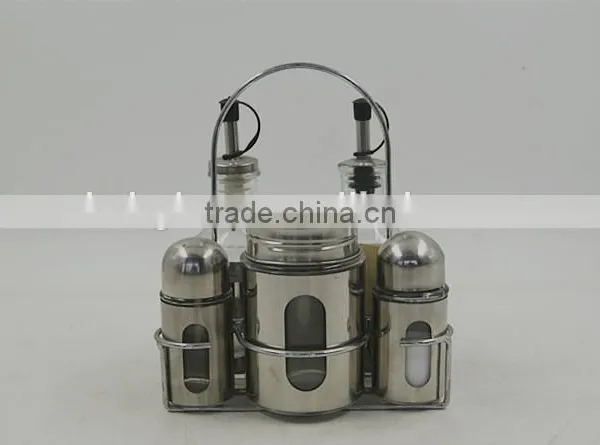 Set of 5 Glass Oil Vinegar Bottle Spice Jar Set Cruet Set With Metal Coat Shelf photo-2