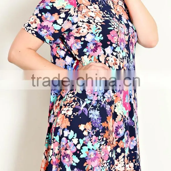 India Boutique Wholesale Dress 95% POLYESTER 5% SPANDEX FLORAL PRINT TRAPEZE TEE DRESS Beach Wear Tunic photo-3