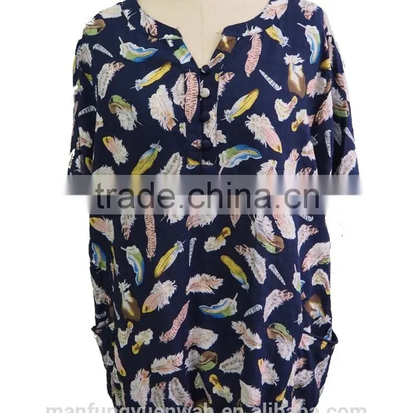 Feather Print Short Sleeve V-Shape Collar Cotton Ladies Blouse Top