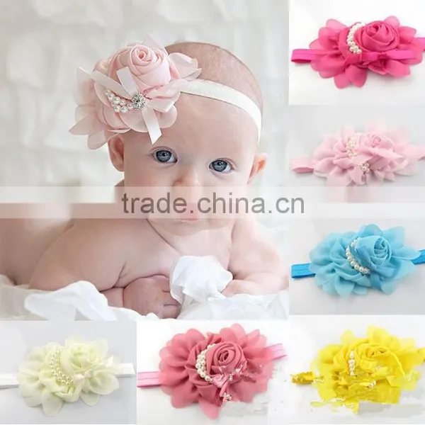 Newest 2014 Roses Pearl Headbands Baby Children Flowers Hair Accessories Girls Tire 13 Color Hair Band Headwrap Hair Ribbon photo-2