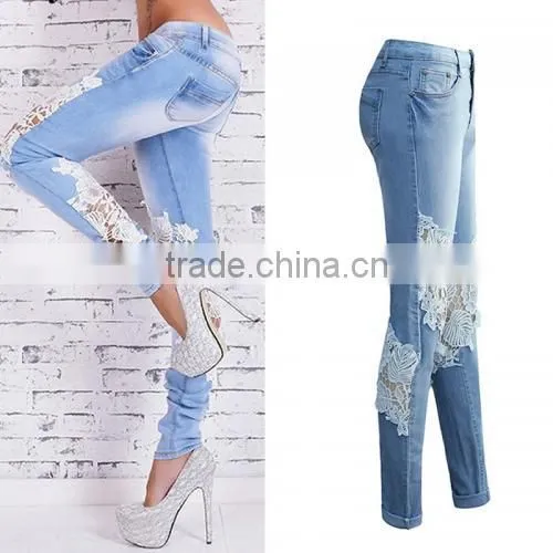 High Waist Girls Jeans Hollow Lace Patchwork Light Blue New Women Sex Pants photo-2