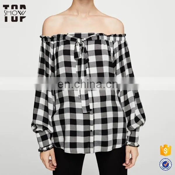 Oem Product Check Blouse Design Decorative Bow off Shoulder Blouse Tops