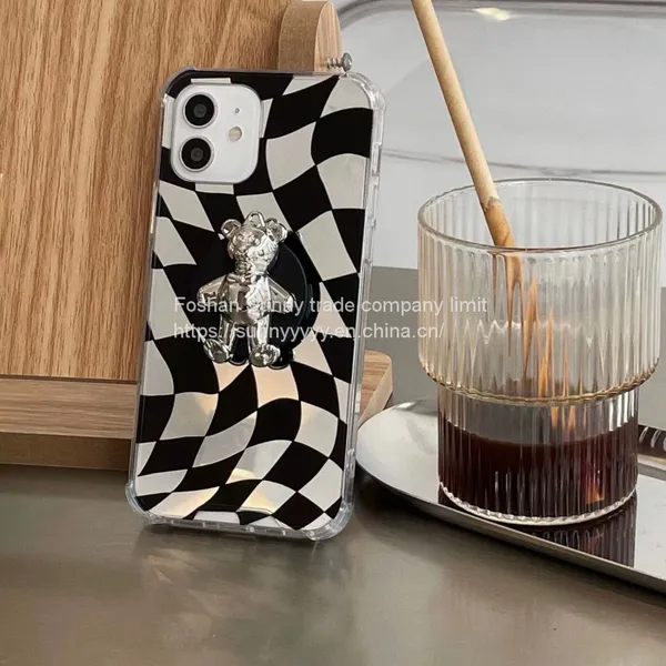 Bear Stand Irregular Checkerboard IPhone12ProMax Phone Case XS Apple 11 Retro Color 7/8p photo-2