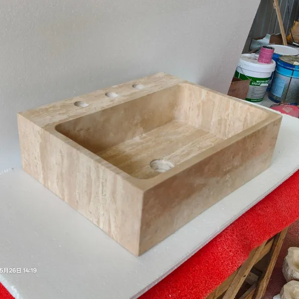 High Quality Rectangular Travertine Marble Factory Custom Vessel Sink Handmade Stone Vanity Bathroom Basin Hotels Villas Garden photo-4