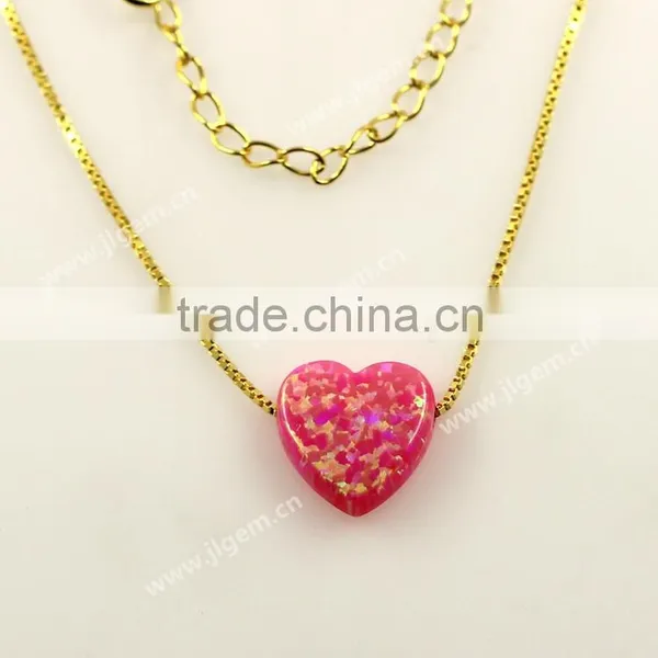 Fashion Synthetic 12mm Pink Heart Opal Stone 18K Gold Plated 925 Silver Necklace Jewelry photo-3