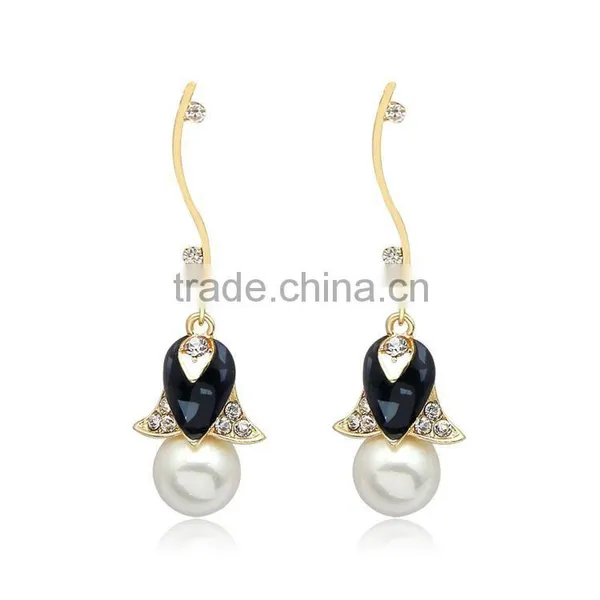 Bridal Wedding Golden Crystal Pearl Flower Drop Dangle Earrings photo-3