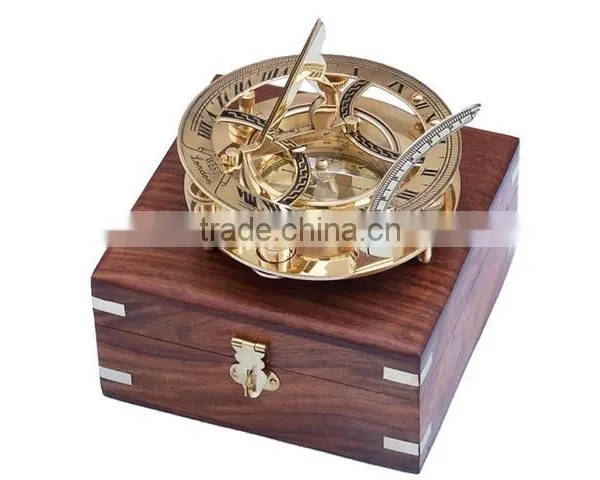 Nautical Solid Brass Round Sundial Compass-Sundial Compass With Rosewood Box 13433 photo-2