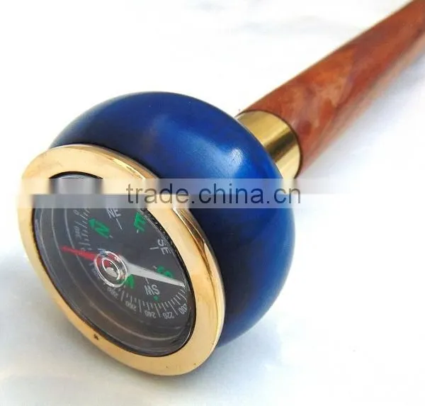 Antique Nautical Brass Walking Stick/Blue Color Compass Handle Walking Stick/ Brown Wood Walking Stick Wk1115