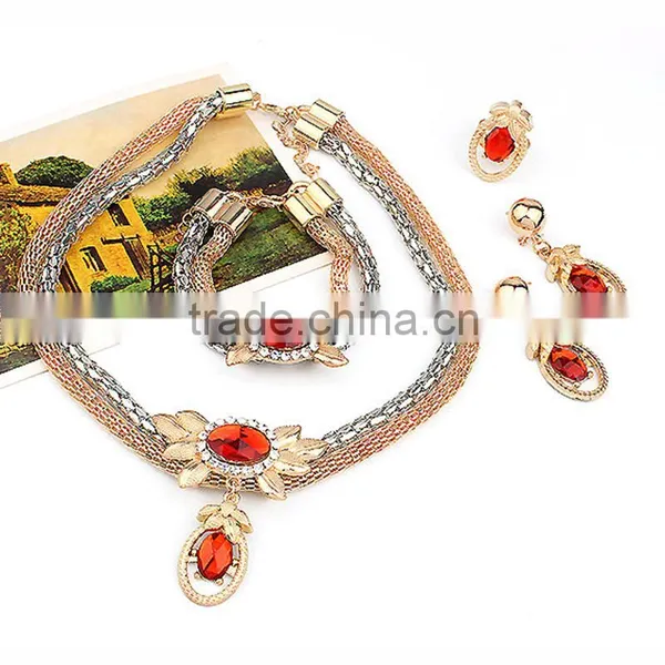 Gold Plated Pendant Statement Crystal Necklace Earrings Bracelet Rings Set for Wedding Jewelry photo-3