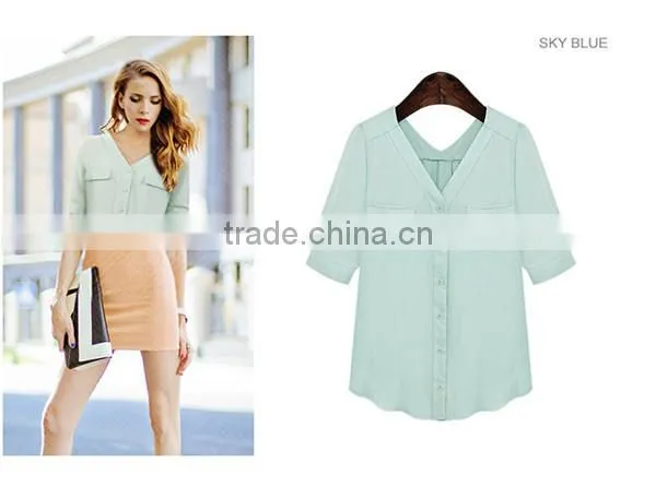 New Design 2 Colors Choice V Neck Short Sleeve Plus Size Women Chiffon Fabric Shirt