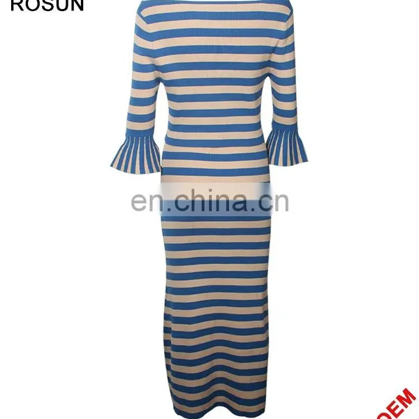 Women's Flare Sleeves Strips Long Knit Skirt Suits photo-3