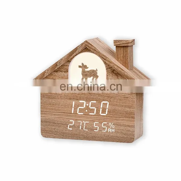 Hot Sale Modern Eco-friendly Creative Mute Home Decoration House Shape Wooden Led Alarm Clock With Light photo-5