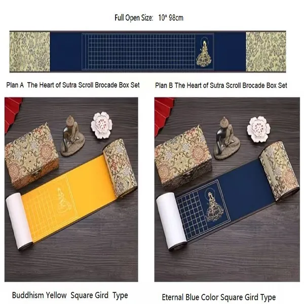 Buddhism Yellow Eternal Blue Xuan Paper Calligraphy Paper Hand Scroll Song Brocade Box Set of Writing The Heart of Sutra photo-3