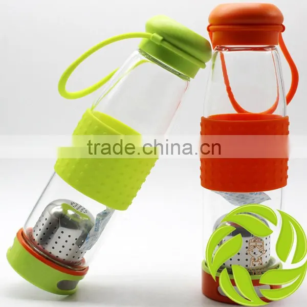 Top Quality 500ml Glass Bottle Heat Resistant 16.89oz Tea Bottle Stocked Glass Tea Bottle Stainless Steel Infuser Water Bottle