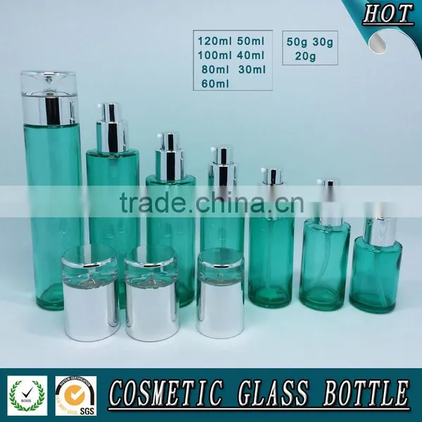 Empty Green Colored Glass Cosmetic Bottle and Cosmetic Glass Cream Jar photo-3