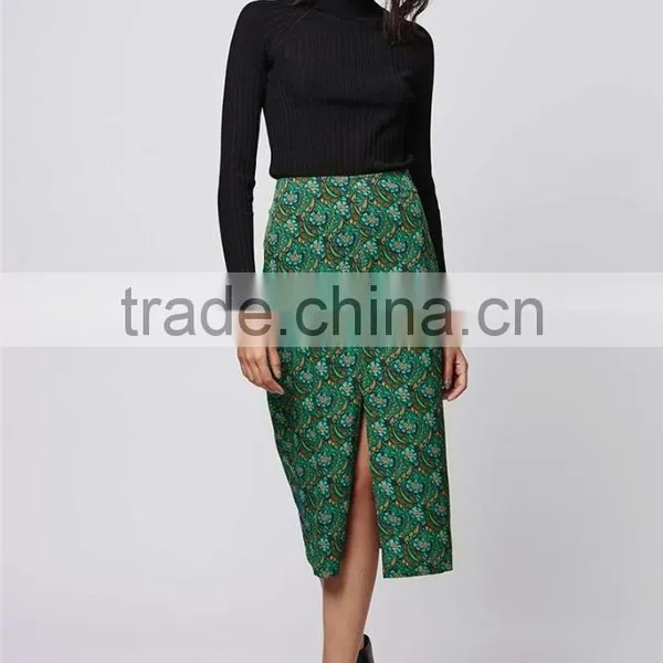 New Arrival Customized 95% Rayon 5% Spandex Floral Split Front Midi Skirts Green Split Floral Skirts photo-2