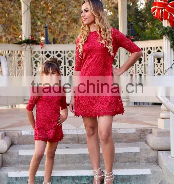 Lace Red Dress Matching Outfits Mother Daughter Party Dress photo-2